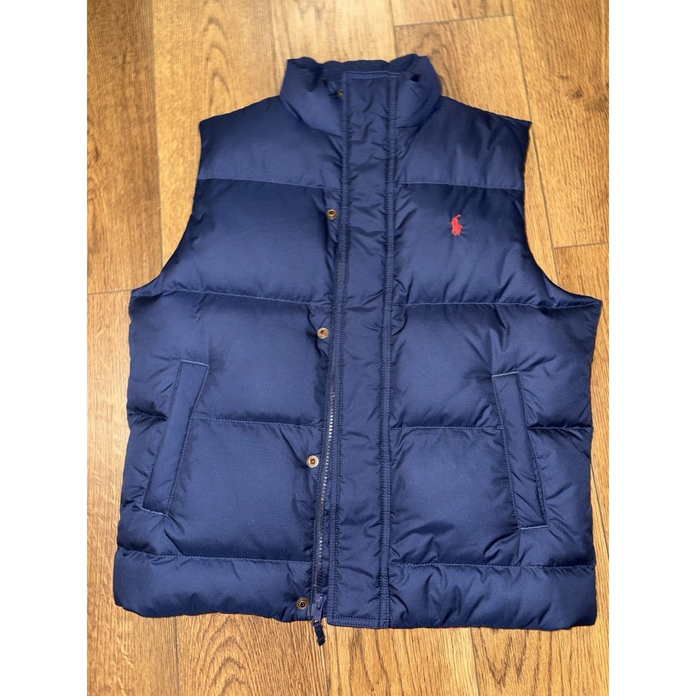 Polo Ralph Lauren Boys Quilted Down Puffer Vest Navy Youth 12-14 Red Logo Zipper